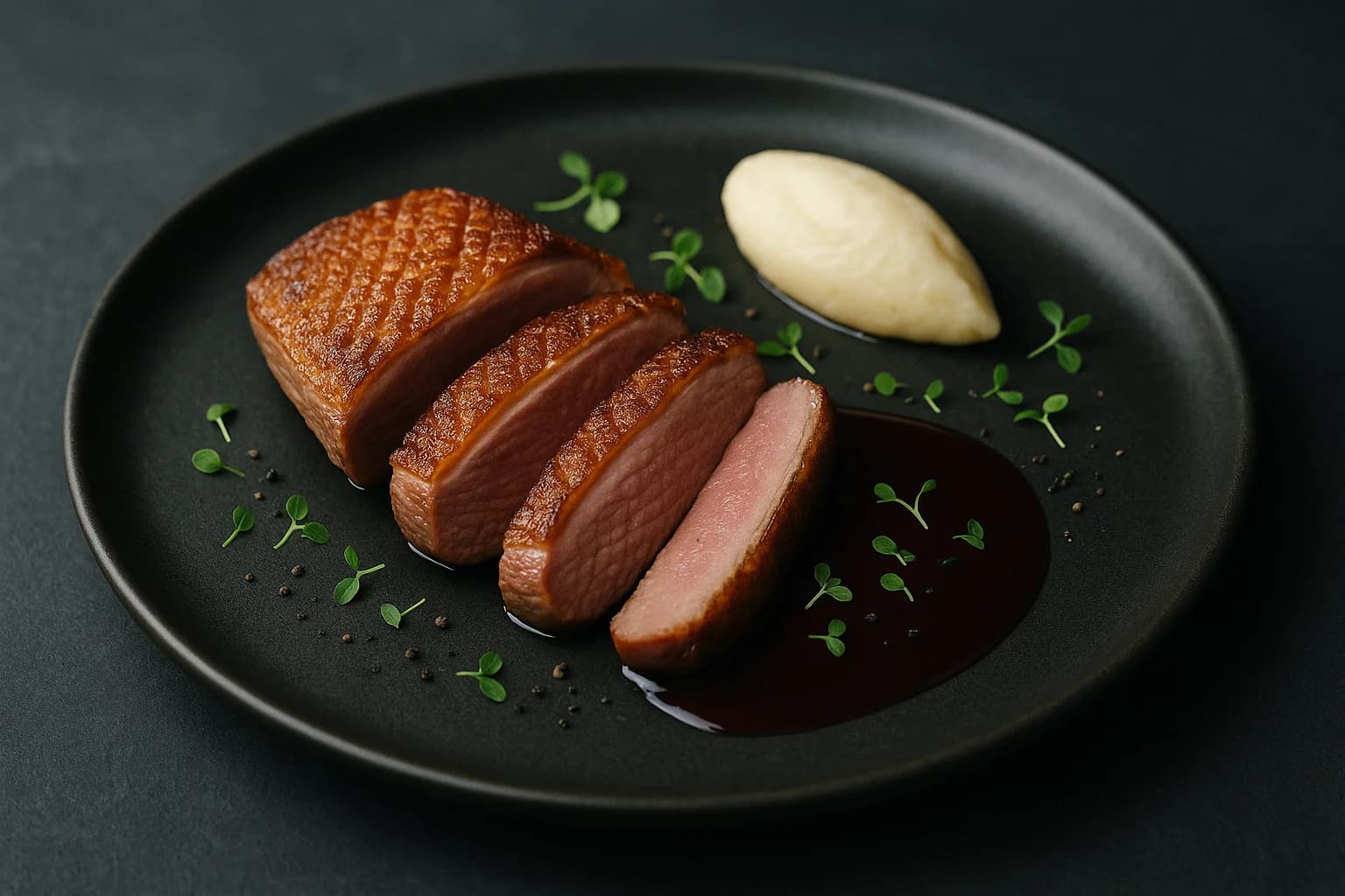 Seared duck breast with jus — gourmet recipe by Chef Gordonbot