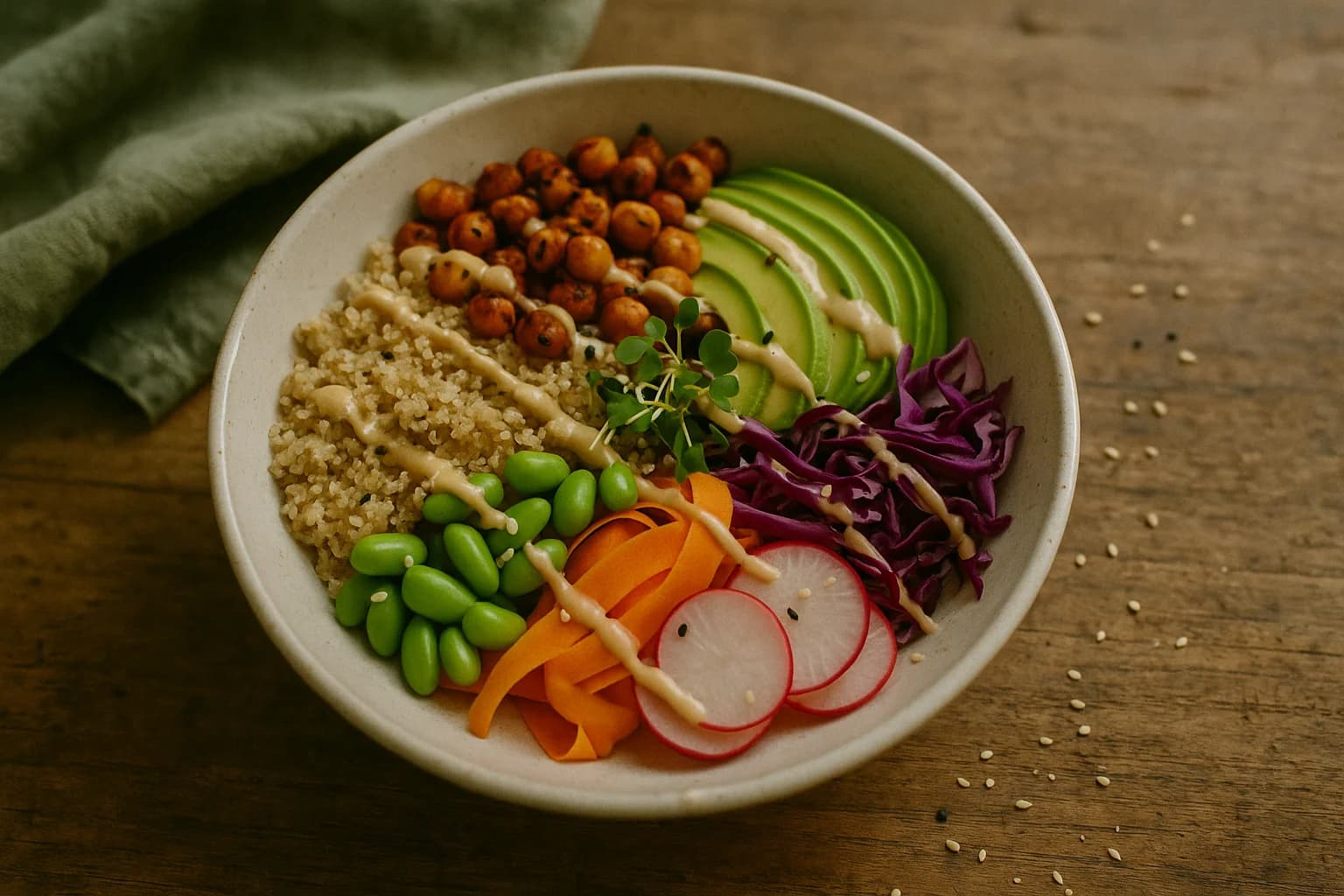 Buddha bowl with tahini dressing — vegan recipe by Chef Herbella