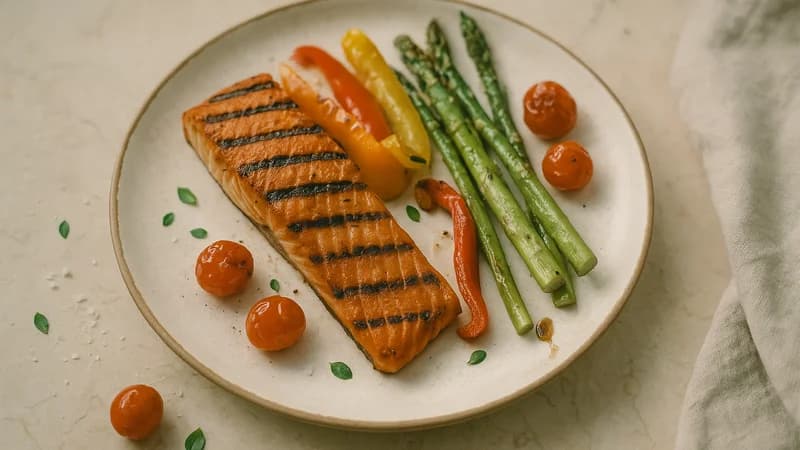 Grilled salmon with roasted vegetables — diabetic-friendly recipe by Chef Jeff