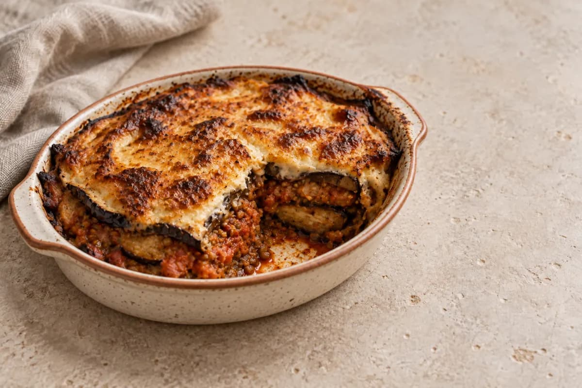 Smoky Roast Eggplant, Potato & Chestnut Pumpkin Bake, Vegan Cuisine dish
