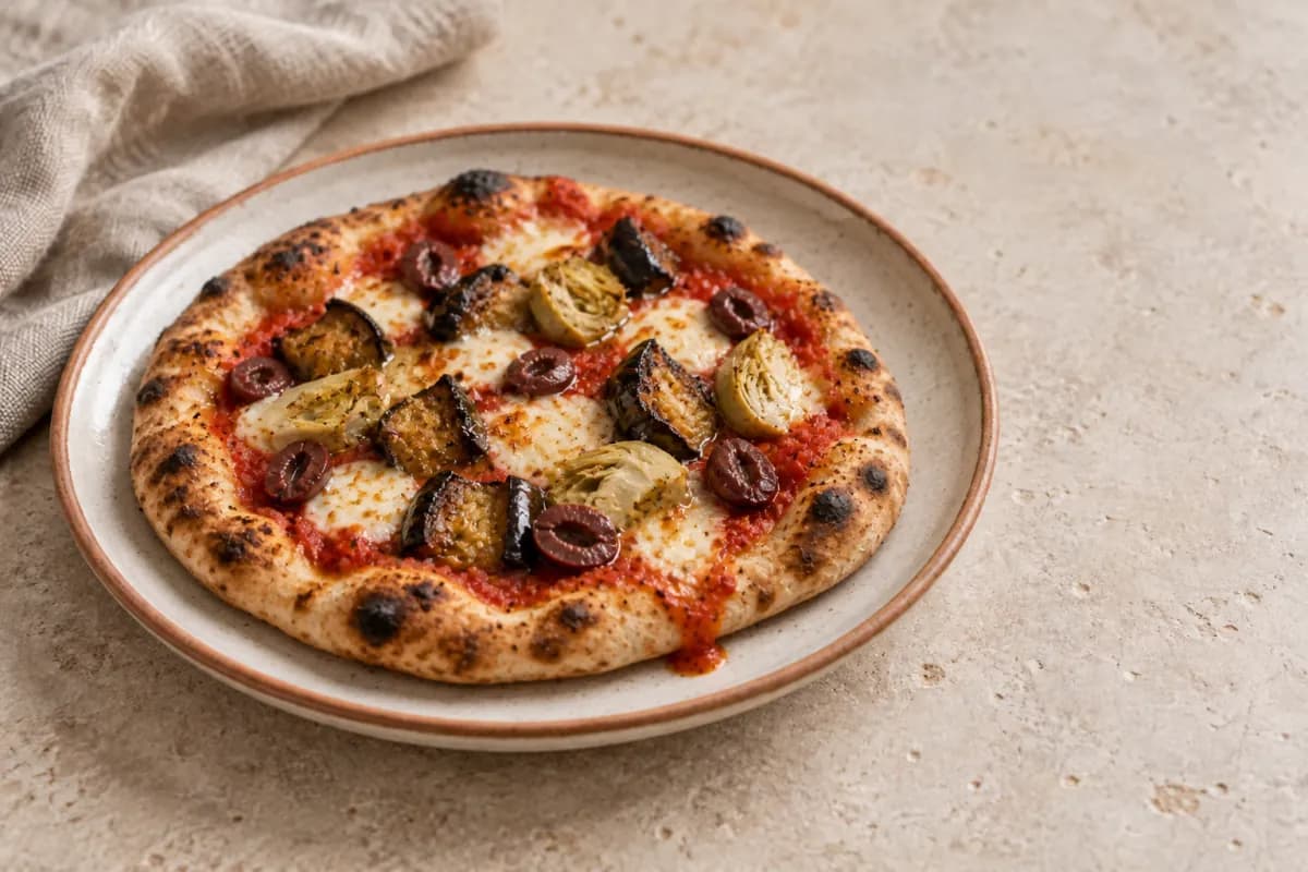 Bloemkool–geroosterde paprika pizzatopping met geroosterde knoflook en oregano, Vegan Cuisine dish