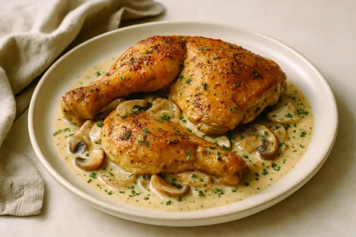 Roast Chicken Legs & Thighs with Garlic-Herb Cream Pan Sauce, Michelin-Star Pro Chef dish