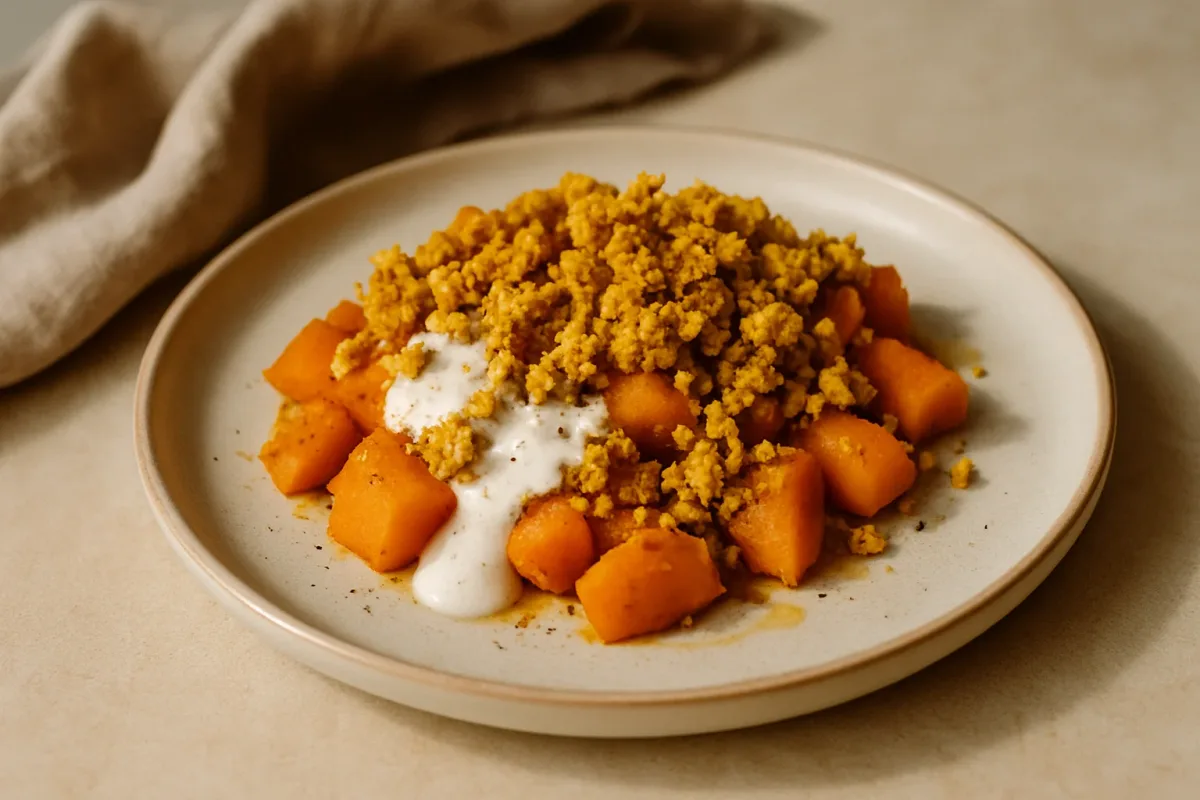 Boniato roto con tofu dorado y crema vegetal, Vegan Cuisine dish