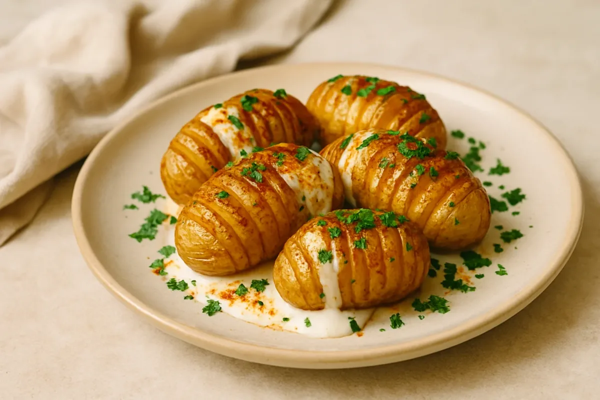 Patatas Hasselback con crema de yogur y pimentón, Vegan Cuisine dish