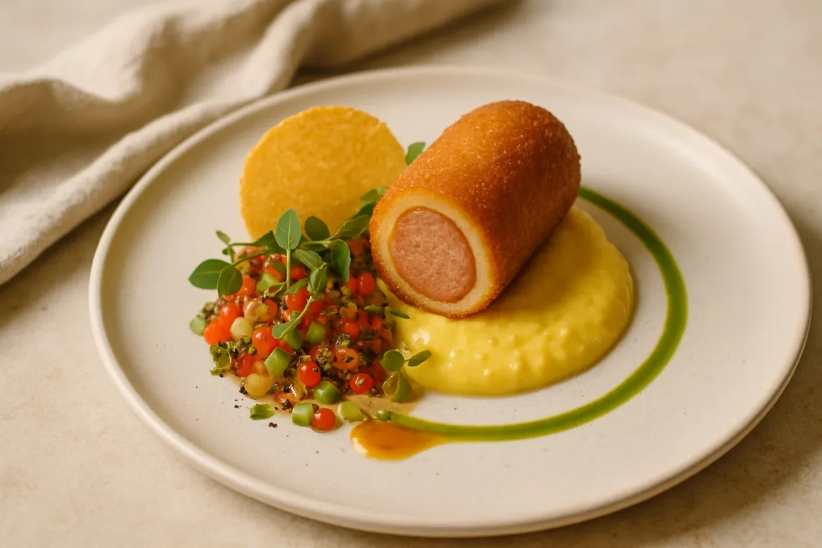 Deconstructed Honey-Crisp Corndog — Tasting-Menu Plate, Michelin-Star Pro Chef dish