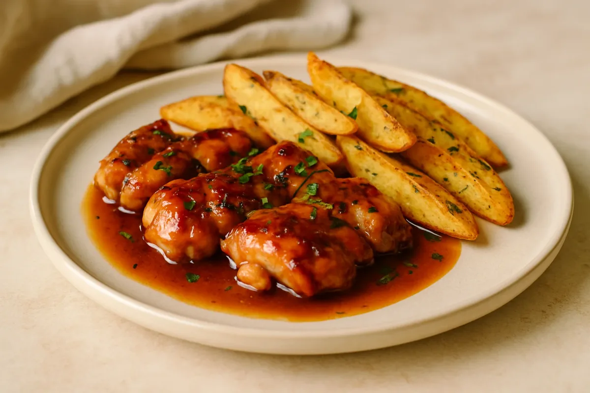 Pui caramelizat cu sos de miere și portocală, cu cartofi wedges la cuptor, Comfort Food & Home Cooking dish