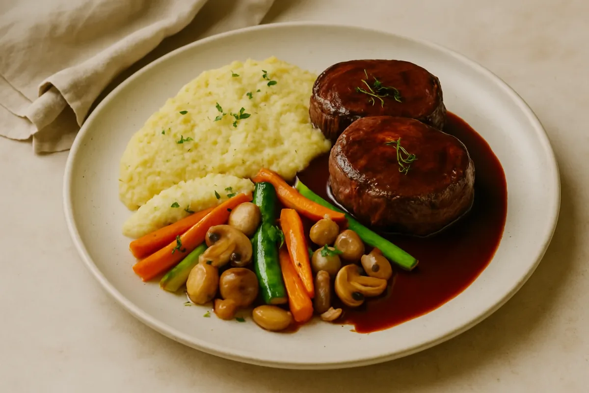 Medallones de lomo con salsa de Malbec, polenta cremosa y vegetales glaseados, Michelin-Star Pro Chef dish