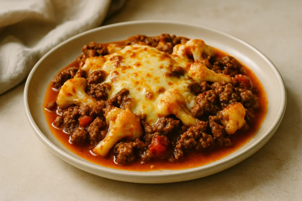 Cheesy Keto Beef & Cauli Tomato Skillet, Ketogenic Cuisine dish