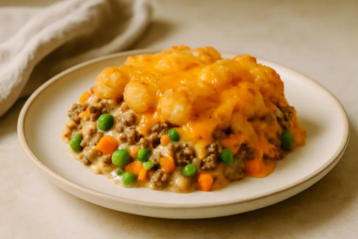 Classic Cheesy Tater Tot Casserole, Comfort Food & Home Cooking dish