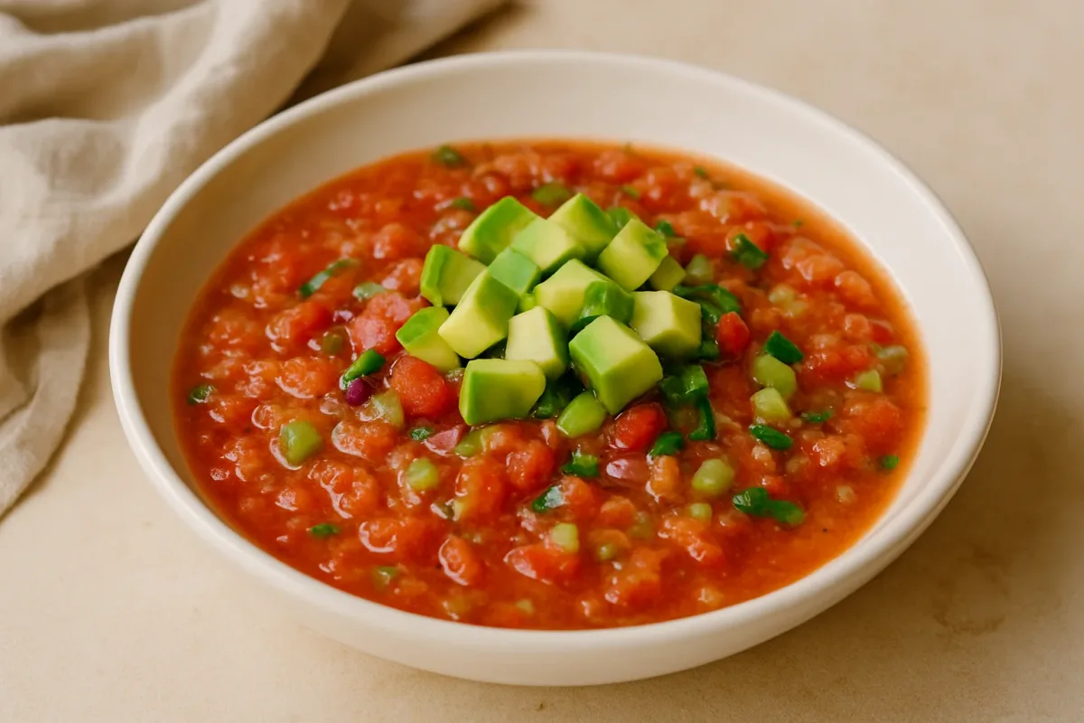 Sopa cruda andina de tomate, apio y aguacate, Vegan Cuisine dish