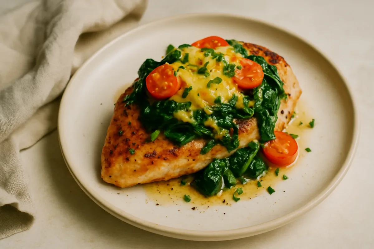 Quick Pan-Seared Cheesy Spinach & Tomato Chicken Breast, Ketogenic Cuisine dish