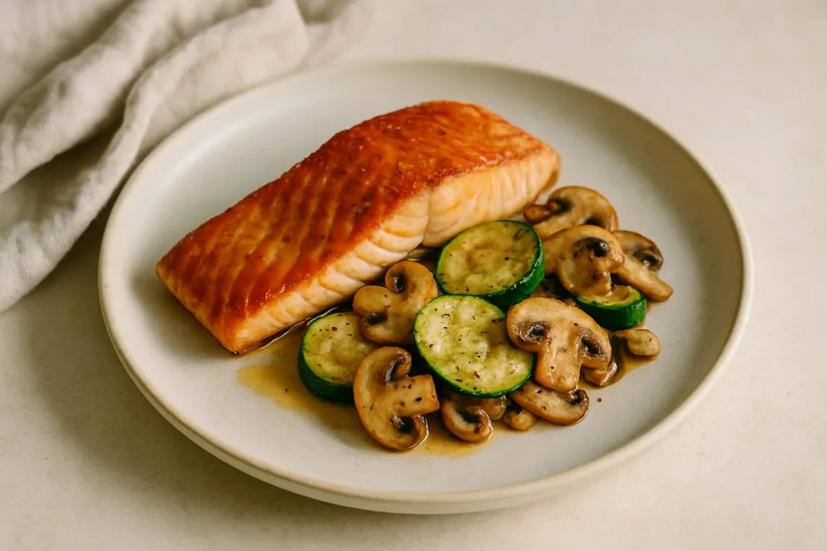 Pan-Seared Salmon with Sautéed Courgette & Garlic Mushrooms, Ketogenic Cuisine dish