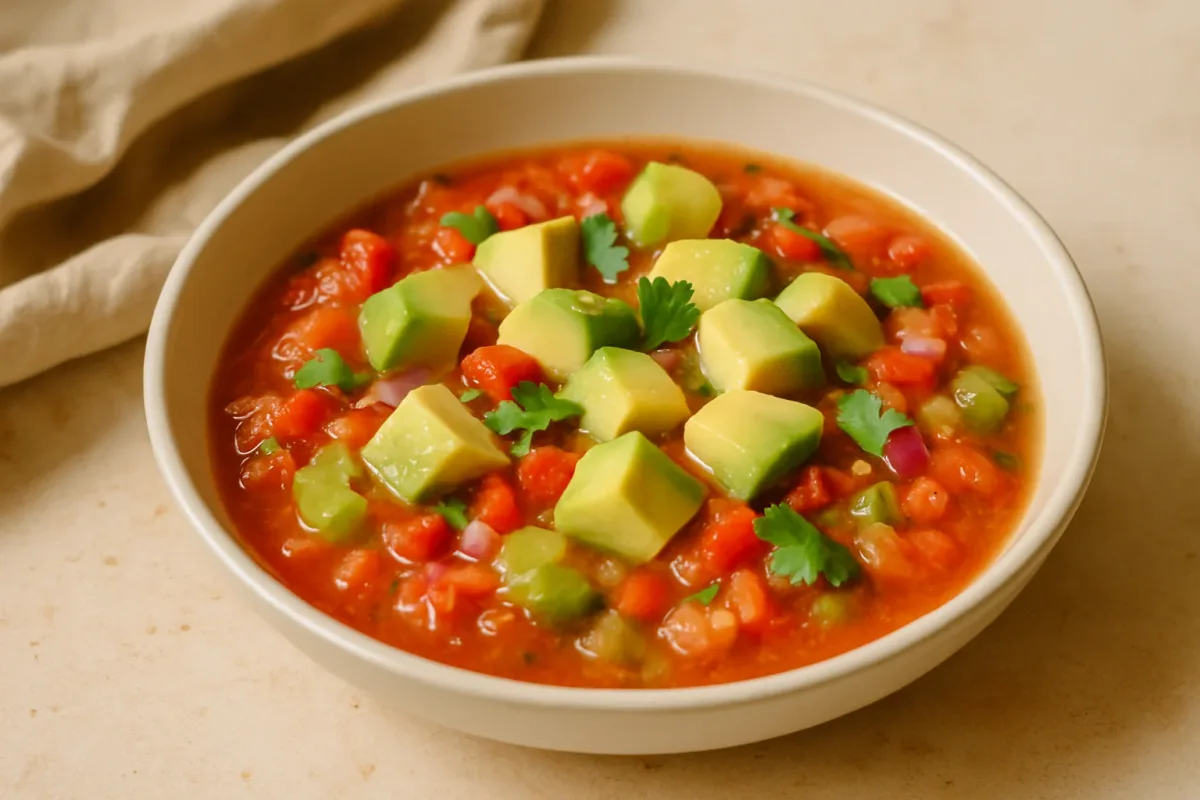 Sopa cruda andina de tomate, apio y aguacate, Vegan Cuisine dish