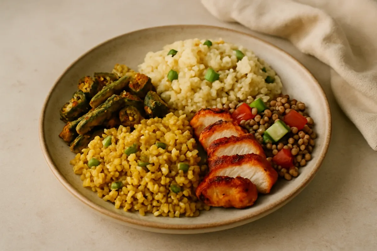 Day 3 — Upma with Paneer & Peas; Midday Green Tea + Roasted Makhana Snack; Lunch: Tandoori Chicken Salad with Lentil Pilaf; Dinner: Bhindi Masala with Moong Sprout Khichdi, Type 2 Diabetic-Friendly dish