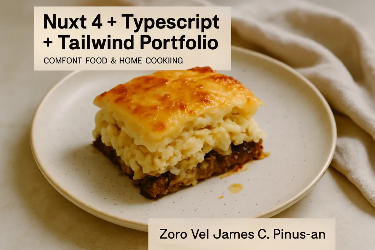 Nuxt 4 + TypeScript + Tailwind Portfolio for Zoro Vel James C. Pinus-an, Comfort Food & Home Cooking dish