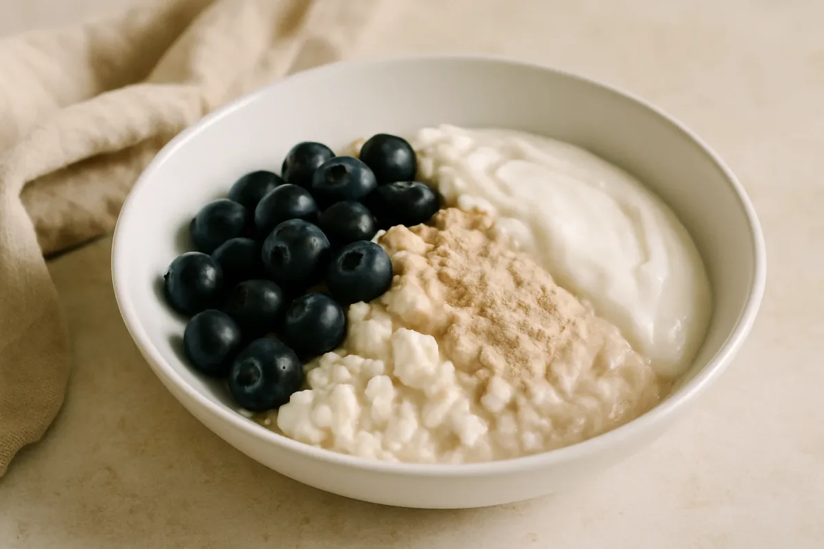 Simple Greek Yogurt & Cottage Cheese Bowl with Protein Powder and Blueberries, Ketogenic Cuisine dish
