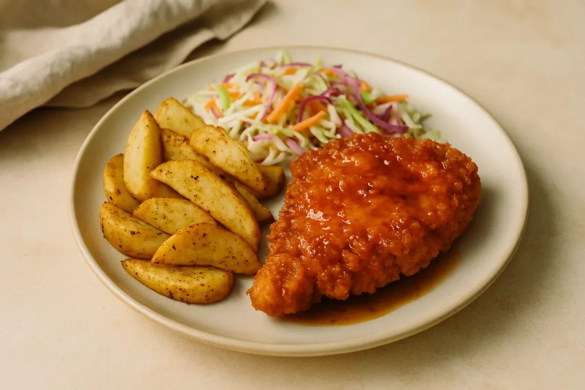 Pollo crujiente con miel picante, papas sazonadas y ensalada fresca, Comfort Food & Home Cooking dish