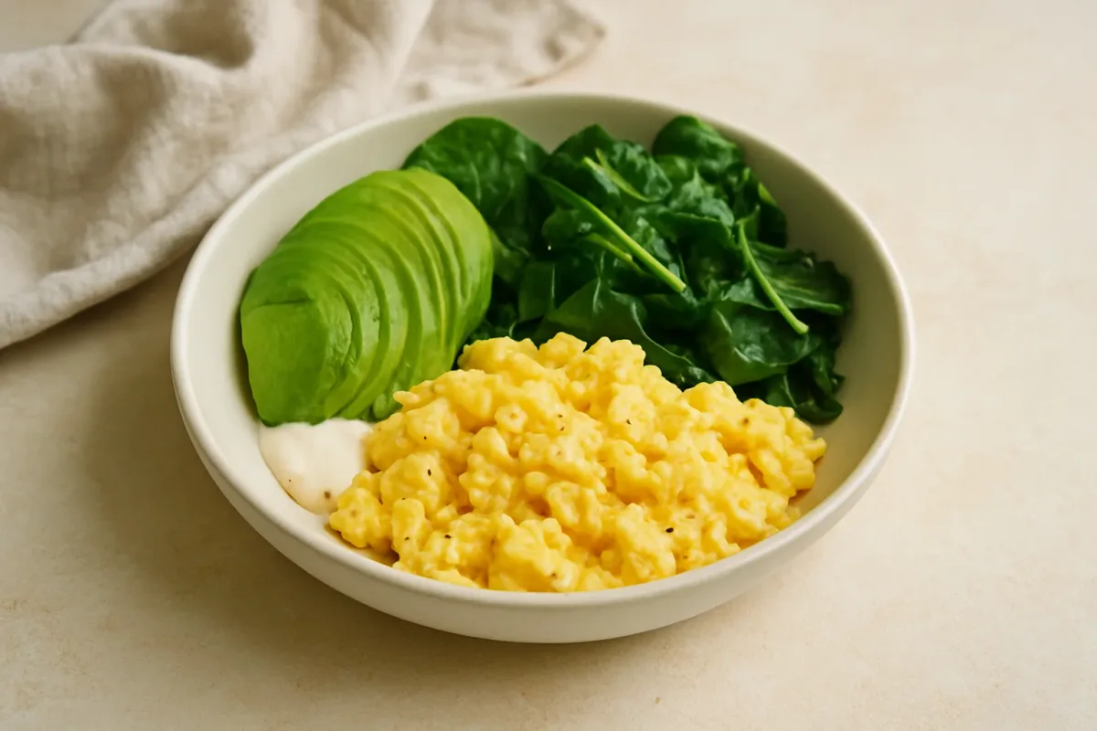 Quick Keto Scrambled Egg Bowl with Avocado and Greens, Ketogenic Cuisine dish