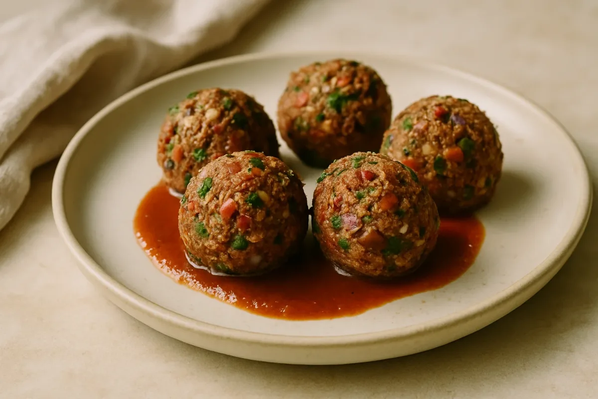 Albóndigas Raw de Nueces y Tomate Seco, Vegan Cuisine dish