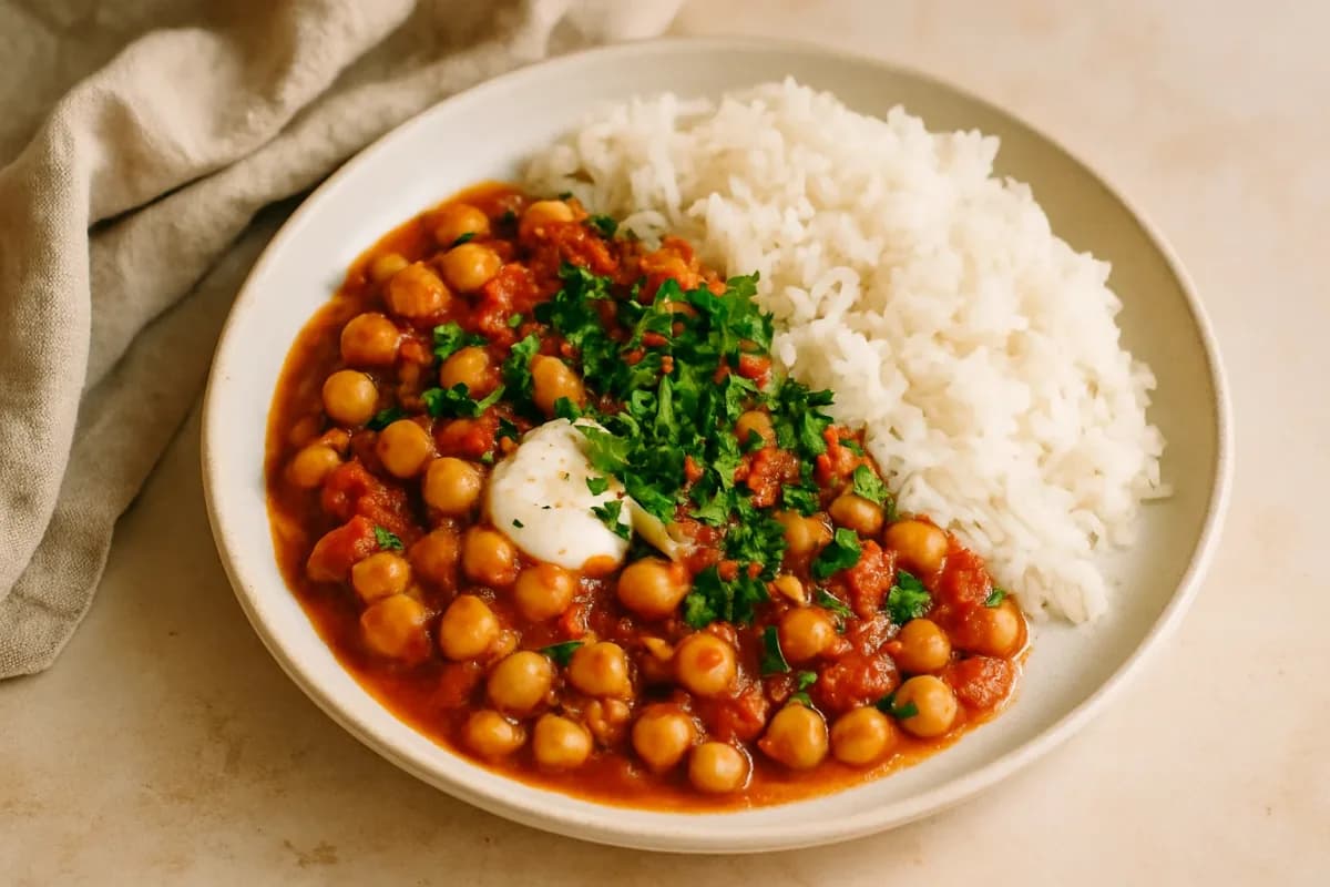 Pantry-Spiced Chickpea & Tomato Skillet with Rice, Comfort Food & Home Cooking dish