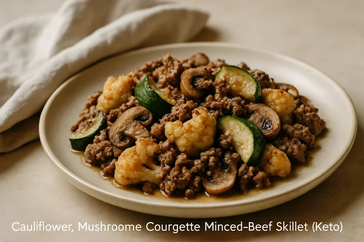 Cauliflower, Mushroom & Courgette Minced-Beef Skillet (Keto), Ketogenic Cuisine dish