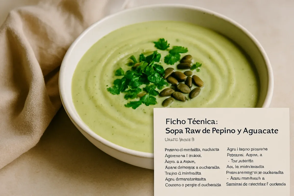 Ficha técnica: Sopa Raw de Pepino y Aguacate, Vegan Cuisine dish